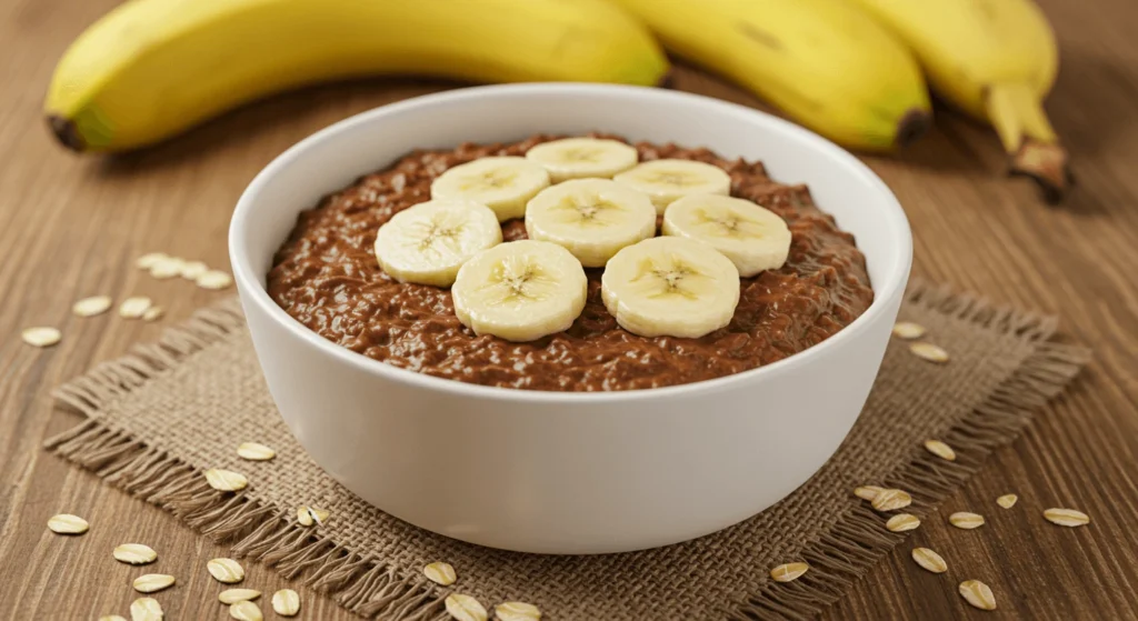 Schoko-Porridge mit frischen Bananen und Nüssen – gesundes Frühstück mit Schoko-Genuss