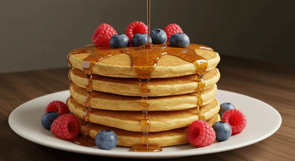 Fluffige Protein-Pancakes mit frischen Beeren und Ahornsirup auf einem weißen Teller