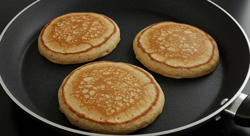 Fluffige Protein-Pancakes mit Bananenscheiben und Nussbutter auf einem Holztisch