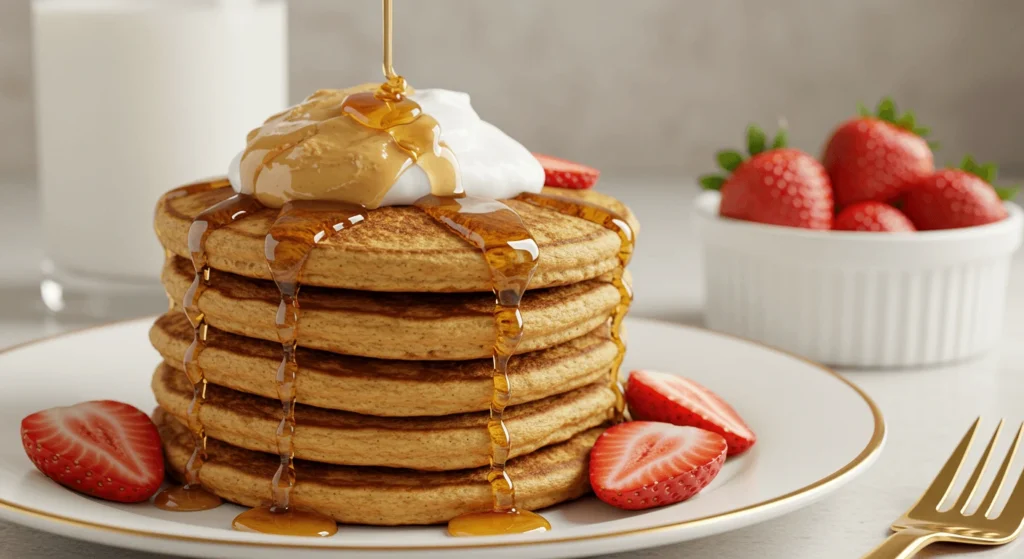 Fluffige Protein-Pancakes mit frischen Erdbeeren und Honig auf einem Holztisch