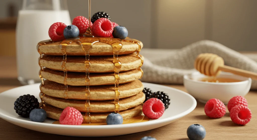 Fluffige Protein-Pancakes mit Schokostückchen und Bananenscheiben auf einem weißen Teller