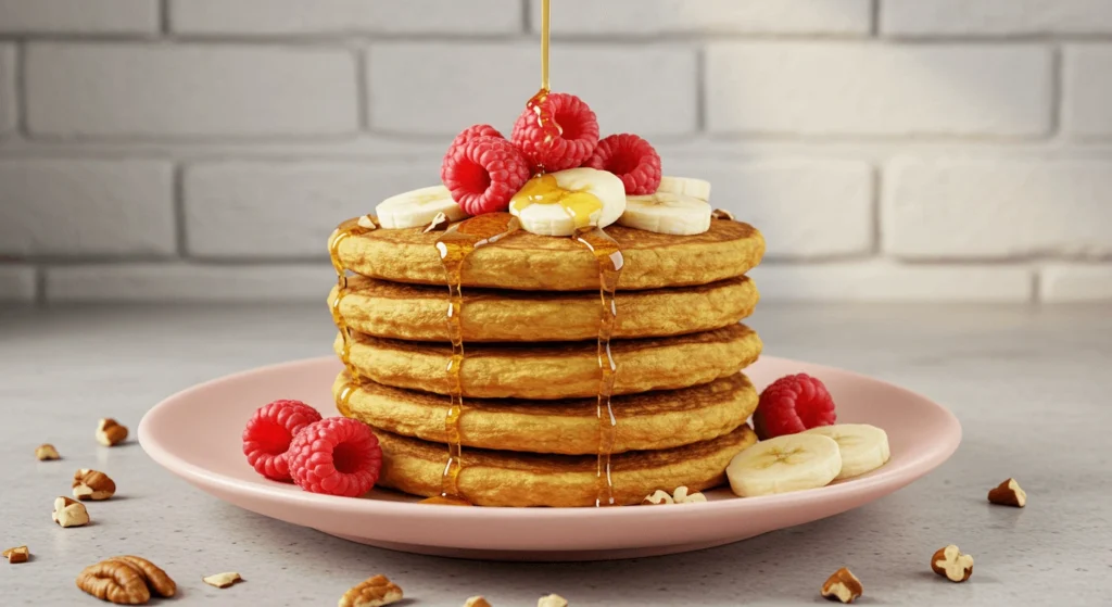 Fluffige Protein-Pancakes mit frischen Blaubeeren und Ahornsirup auf einem Holztisch