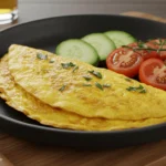 Fluffiges Omelette in einer Pfanne mit frischen Kräutern garniert – das perfekte Frühstücksrezept.