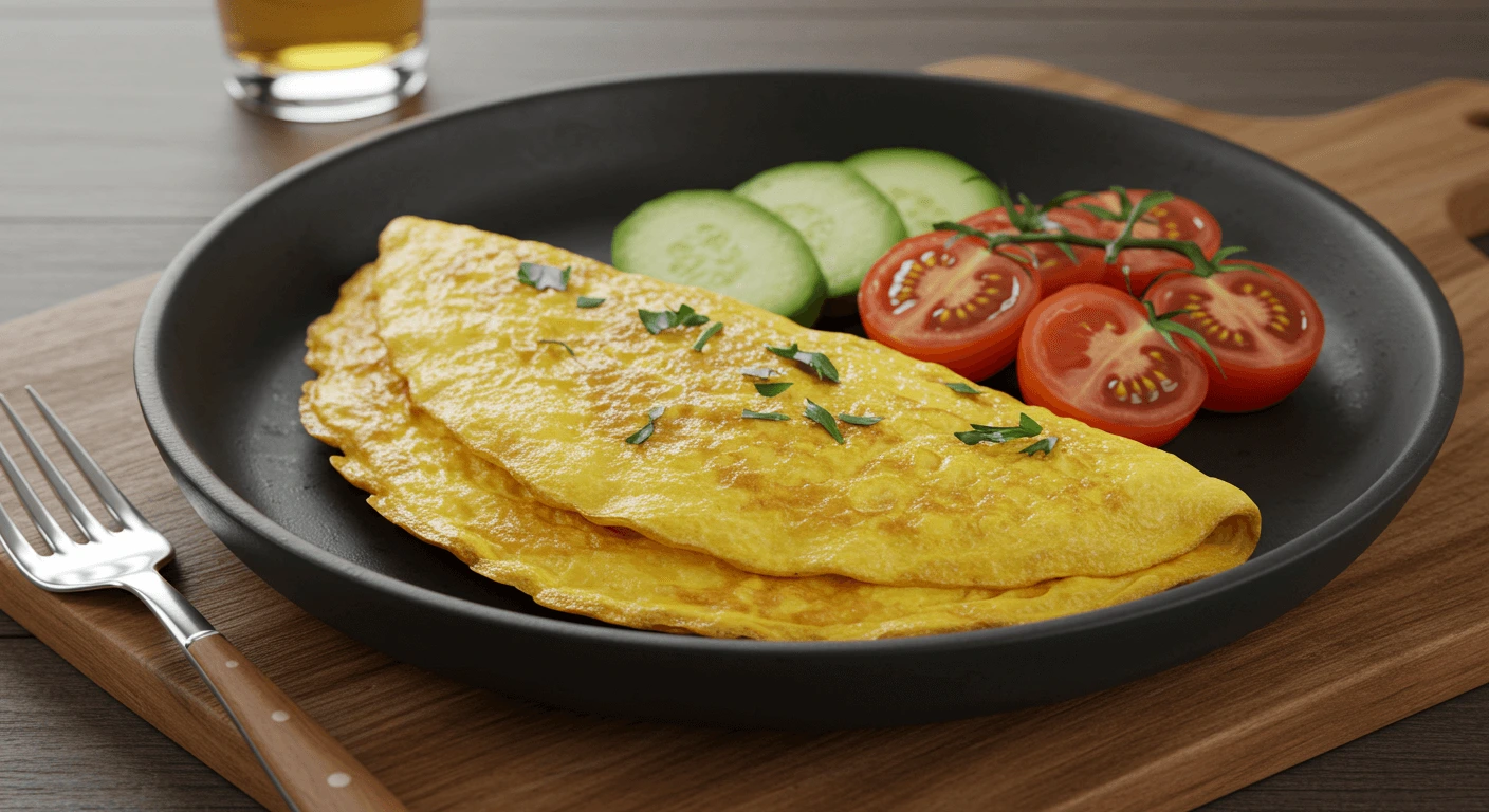 Fluffiges Omelette in einer Pfanne mit frischen Kräutern garniert – das perfekte Frühstücksrezept.