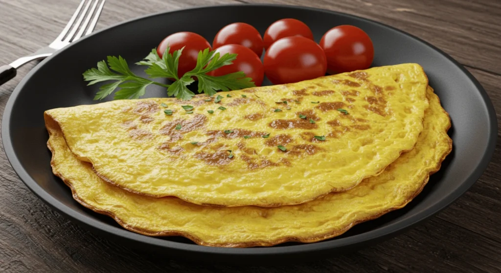 Omelette Grundrezept: So gelingt das perfekte Frühstück! Goldbraunes Omelett auf einem schwarzen Teller mit Cherrytomaten und frischen Kräutern.