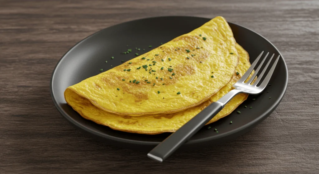 Omelette Grundrezept: So gelingt das perfekte Frühstück! Klassisches, gefaltetes Omelett auf einem schwarzen Teller mit frischen Kräutern.
