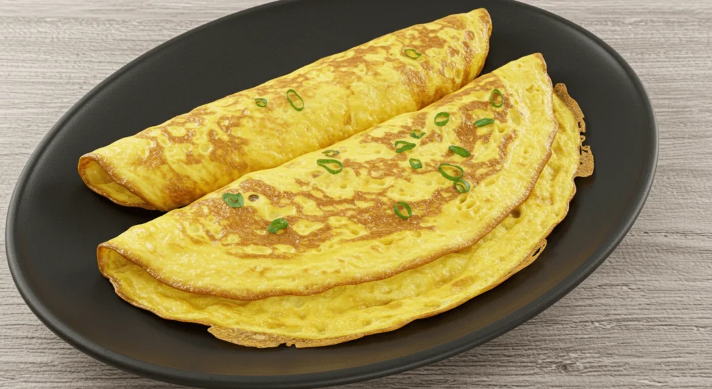 Omelette Grundrezept: So gelingt das perfekte Frühstück! In Stücke geschnittenes, goldbraunes Omelett auf einem schwarzen Teller.