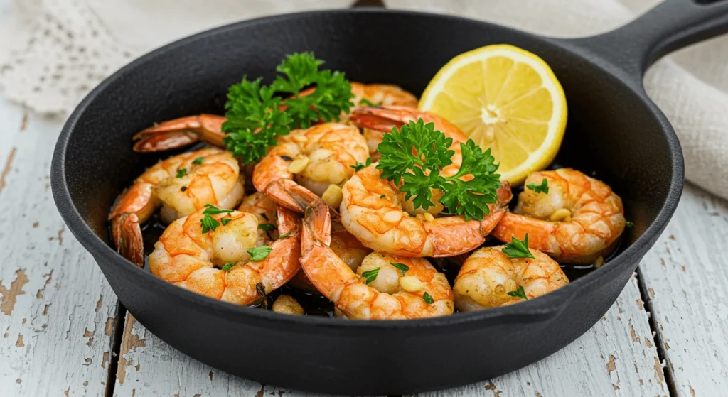 Gebratene Garnelen mit Zitronen-Knoblauch-Dressing, serviert in einer schwarzen Pfanne mit frischen Zitronenscheiben.