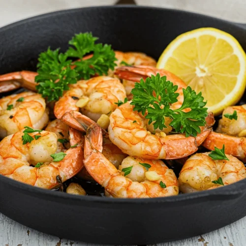 Gebratene Garnelen: 5 geniale Tricks für das beste Aroma! Gebratene Garnelen mit Zitronen-Knoblauch-Dressing, serviert in einer schwarzen Pfanne mit frischen Zitronenscheiben.