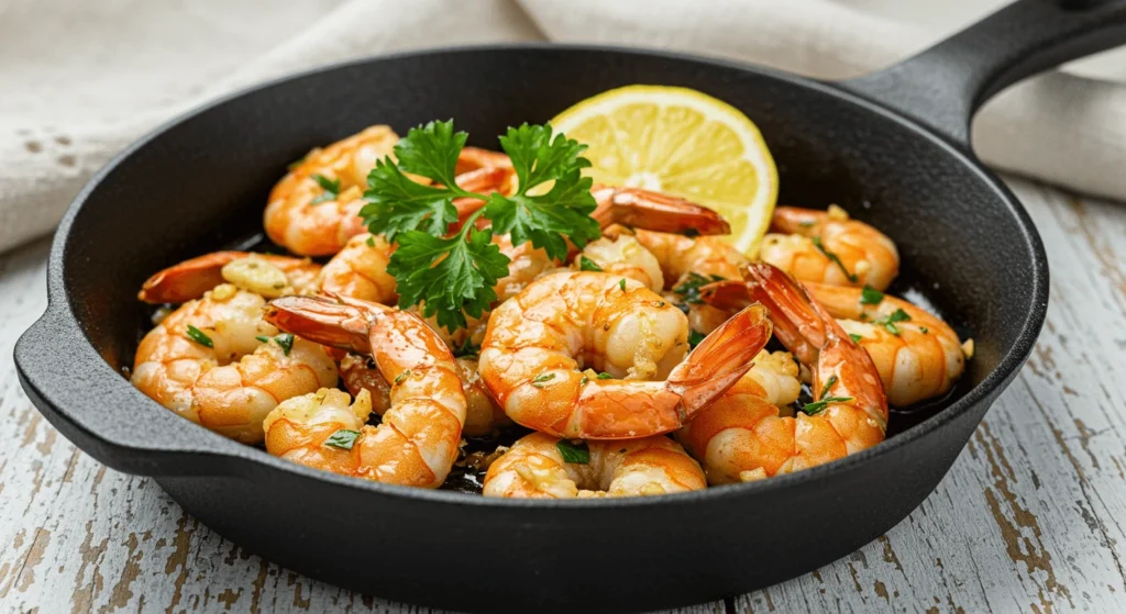 Gebratene Garnelen: 5 geniale Tricks für das beste Aroma! Frische Garnelen in einer Pfanne, angebraten mit Olivenöl, Knoblauch und Kräutern.