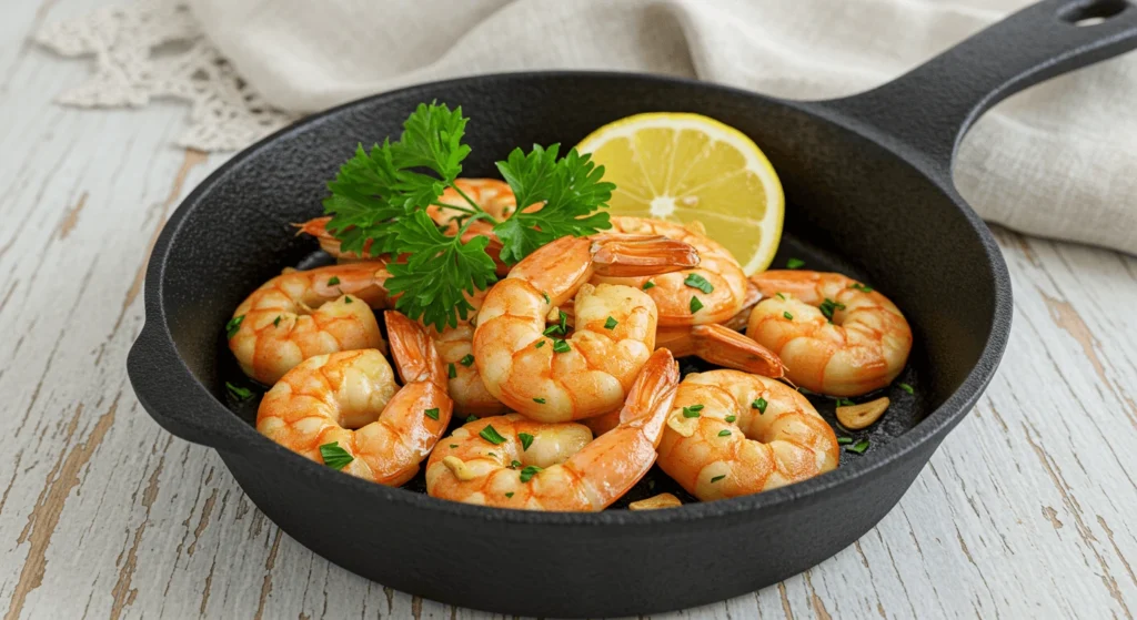 Gebratene Garnelen: 5 geniale Tricks für das beste Aroma! Frische Zutaten für gebratene Garnelen: rohe Garnelen, Knoblauch, Zitrone, Olivenöl und Gewürze.