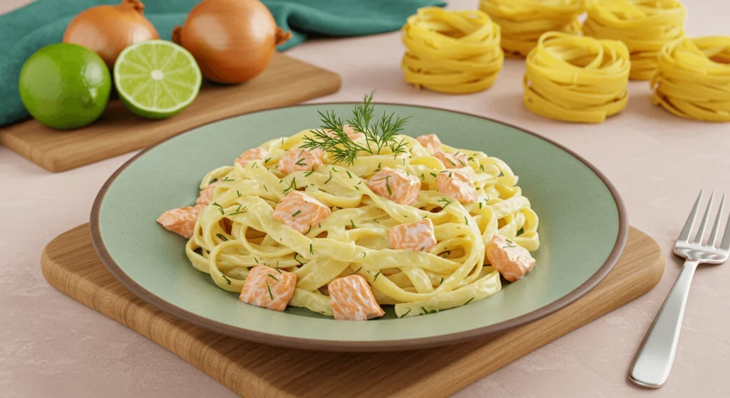 Cremige Tagliatelle al Salmone mit frischem Dill und Zitronenscheiben serviert