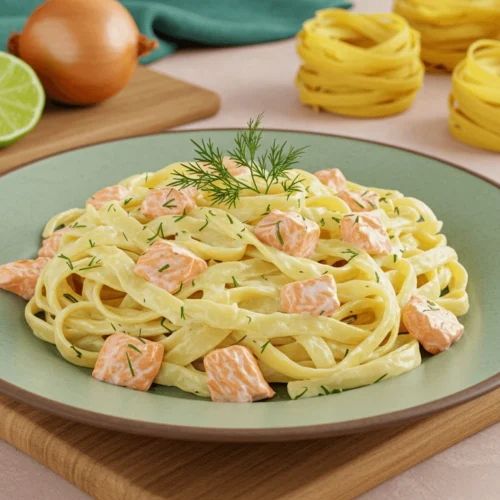 Gesunde Tagliatelle al Salmone – So einfach & köstlich! Cremige Tagliatelle al Salmone mit frischem Dill und Zitronenscheiben serviert