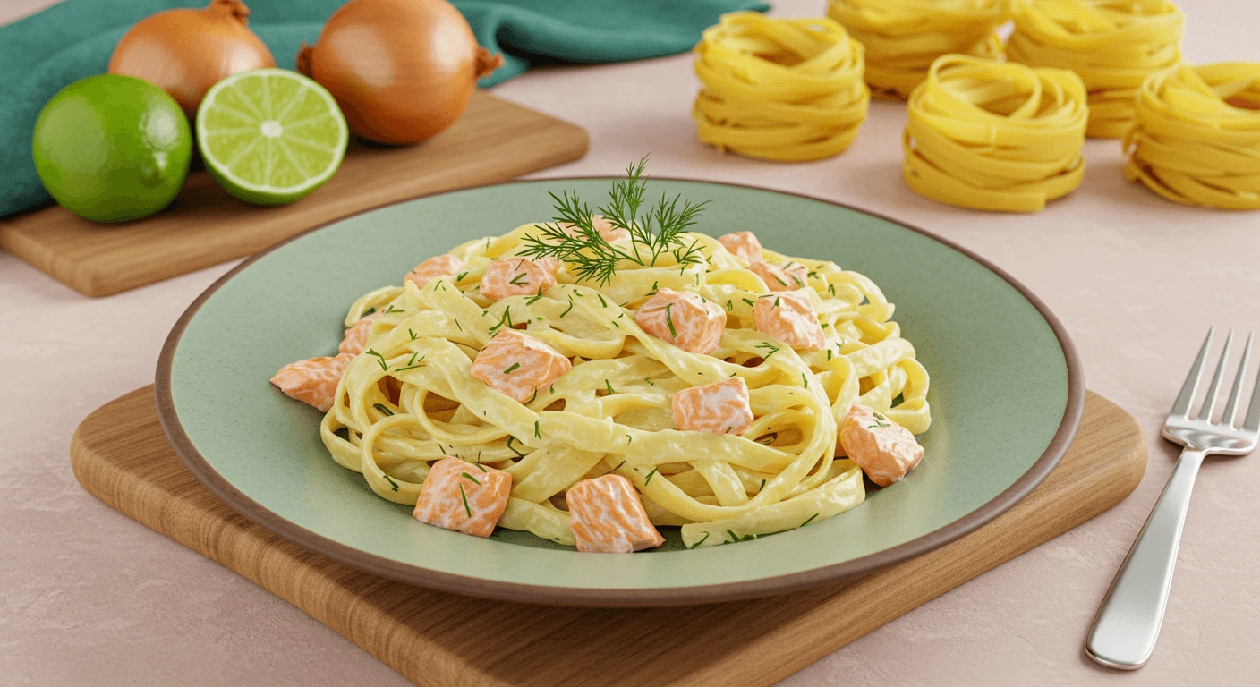 Cremige Tagliatelle al Salmone mit frischem Dill und Zitronenscheiben serviert