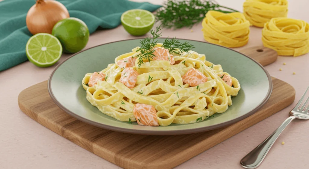 Gesunde Tagliatelle al Salmone – So einfach & köstlich! Zutaten für Tagliatelle al Salmone, darunter Lachsfilet, Sahne, Butter, Zwiebeln und Tagliatelle
