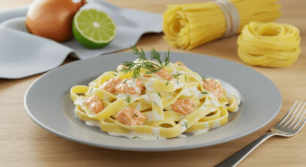 Gesunde Tagliatelle al Salmone – So einfach & köstlich! Tagliatelle mit cremiger Lachs-Sahnesauce vermengen