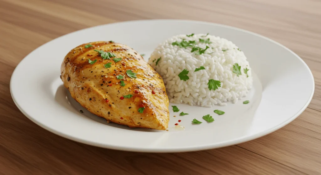 Putenschnitzel mit Reis: In 3 Schritten gesund & lecker Servierfertiges Putenschnitzel mit Reis, garniert mit Kräutern und Zitronenscheiben.