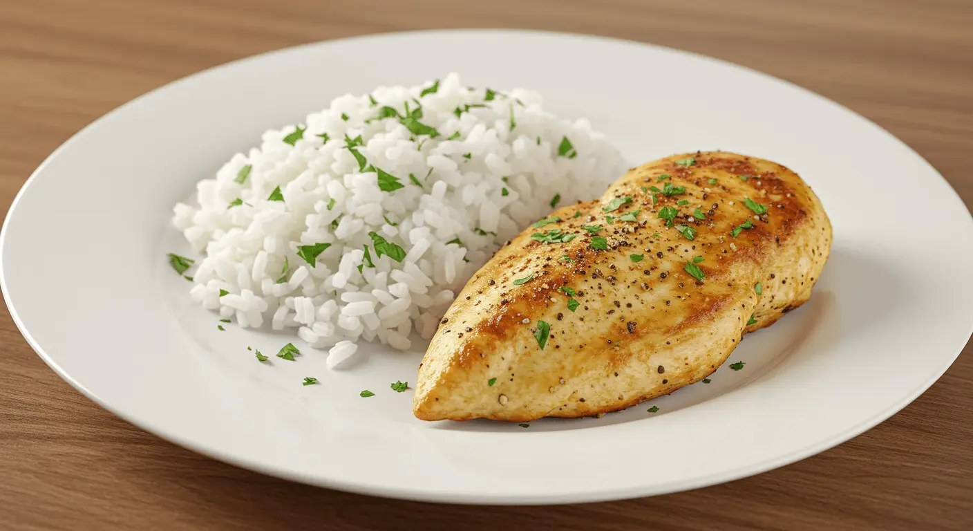 Saftiges Putenschnitzel mit Reis und frischen Kräutern auf einem Teller.