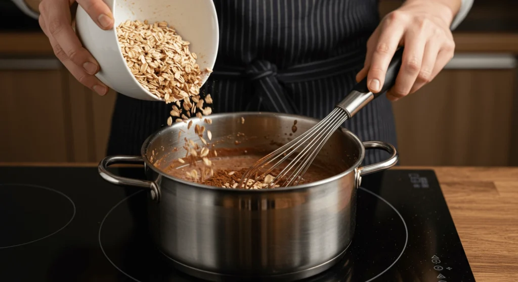 Schoko-Porridge: Gesundes Frühstück mit Schoko-Genuss Fertiges Schoko-Porridge mit Bananen, Nüssen und Kakaonibs garniert