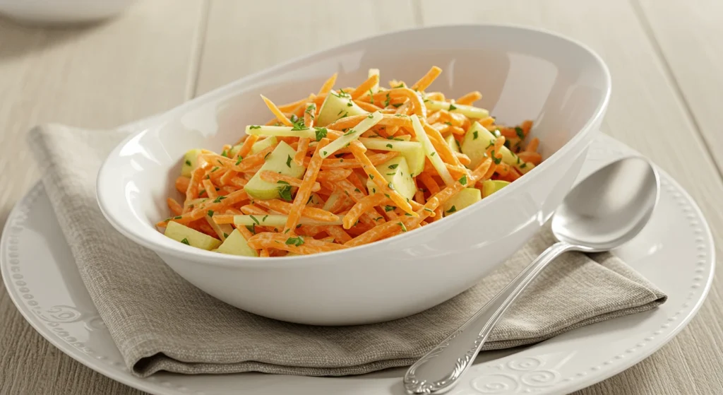 Möhrensalat mit Apfel – Frisch, Lecker & Schnell Zubereitet! Möhrensalat mit Apfel als Beilage zu gegrilltem Hähnchen und Kartoffeln.