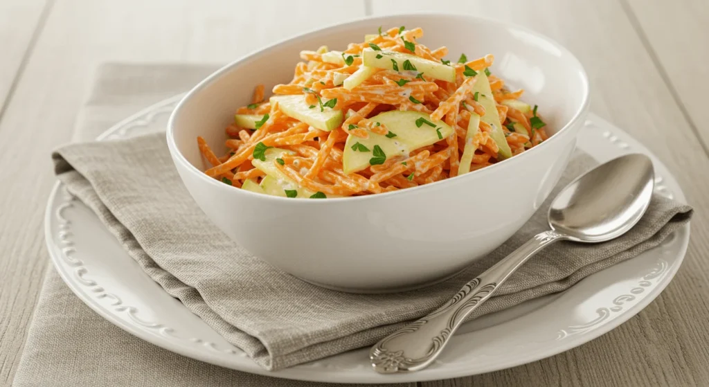 Möhrensalat mit Apfel – Frisch, Lecker & Schnell Zubereitet! Schritt-für-Schritt Zubereitung von Möhrensalat mit Apfel: Möhren raspeln, Äpfel schneiden und Dressing zubereiten.