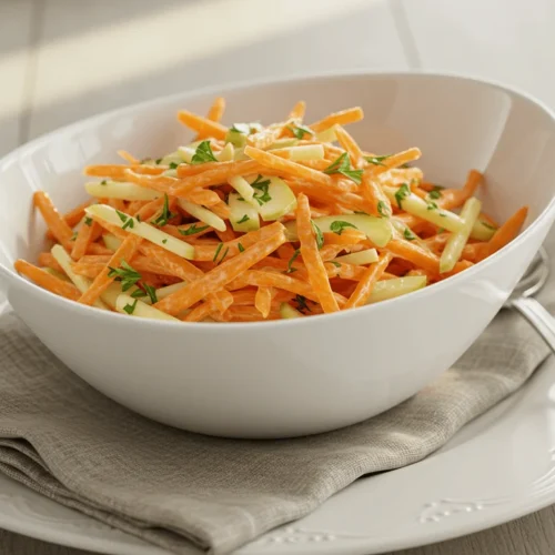 Möhrensalat mit Apfel – Frisch, Lecker & Schnell Zubereitet! Frisch zubereiteter Möhrensalat mit Apfel in einer Schüssel, perfekt als gesunde Beilage oder Snack.