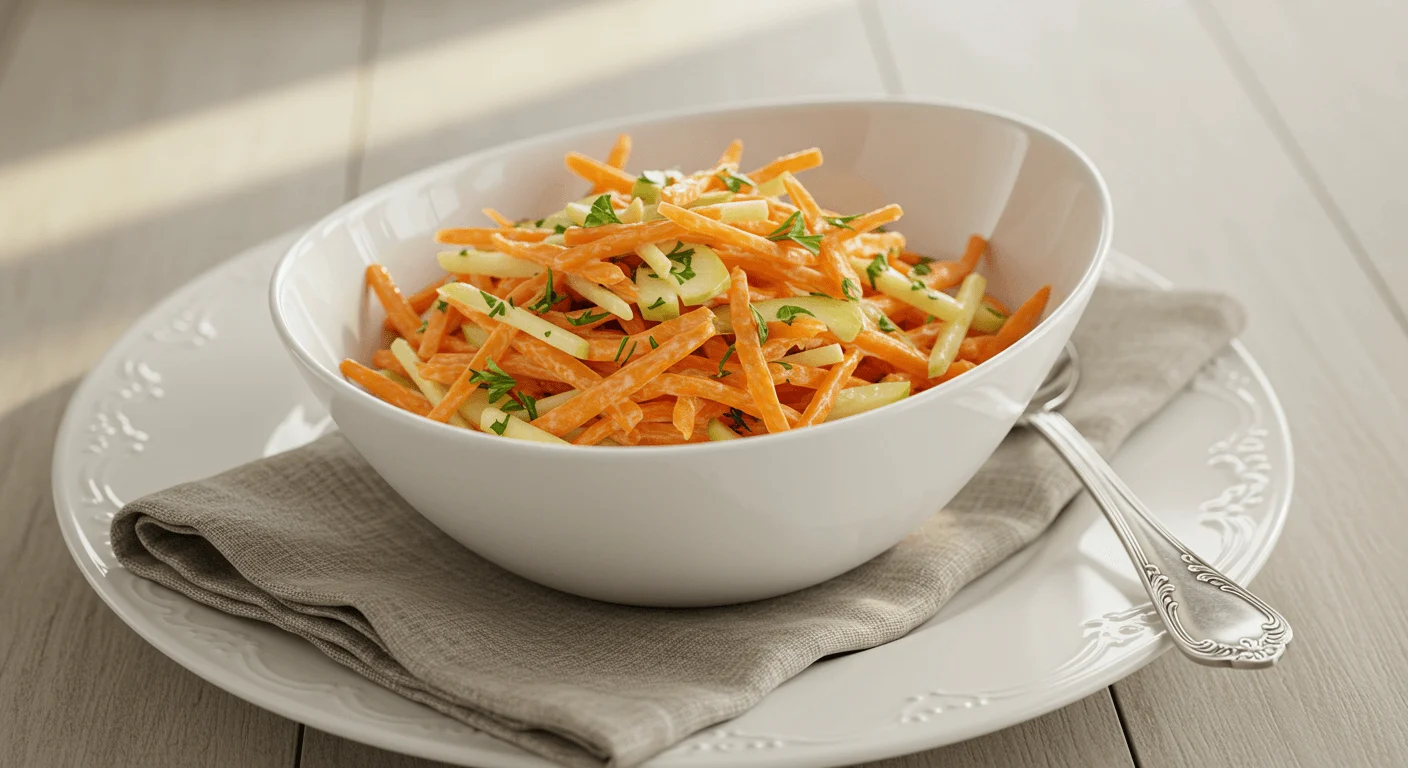 Frisch zubereiteter Möhrensalat mit Apfel in einer Schüssel, perfekt als gesunde Beilage oder Snack.