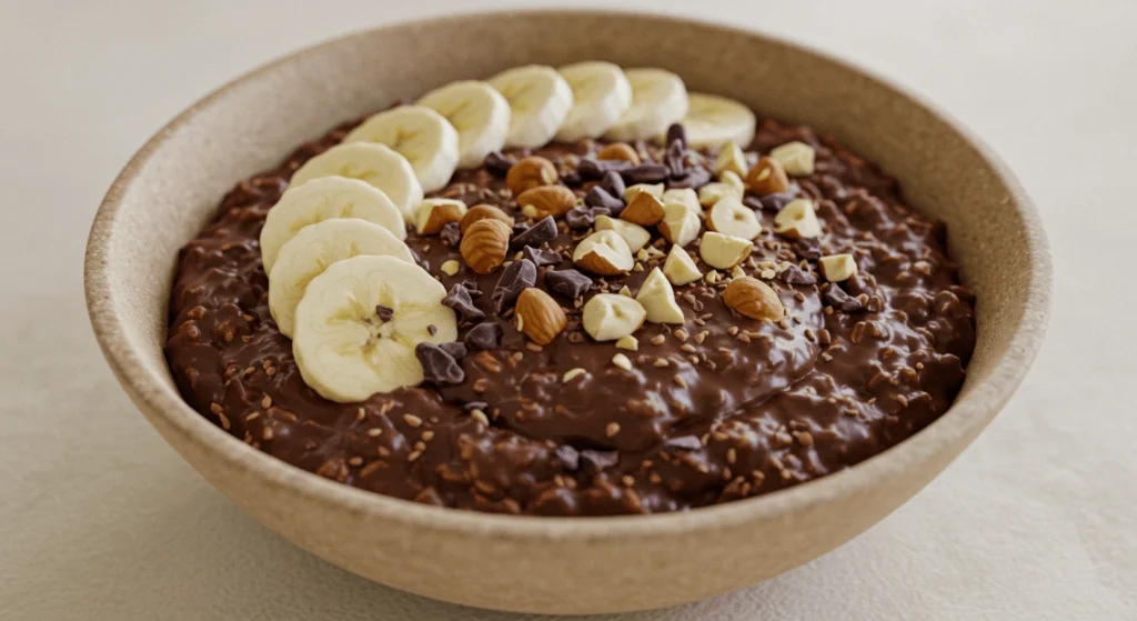 Schoko-Porridge: Gesundes Frühstück mit Schoko-Genuss Schoko-Porridge mit frischen Bananen, Nüssen und Kakaonibs – gesundes Frühstück mit Schoko-Genuss