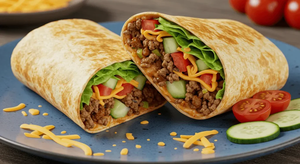 Low-Carb Big Mac Rolle auf einem weißen Teller mit frischem Salat, saftigem Hackfleisch und cremiger Sauce.