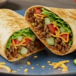 Low-Carb Big Mac Rolle auf einem weißen Teller mit frischem Salat, saftigem Hackfleisch und cremiger Sauce.