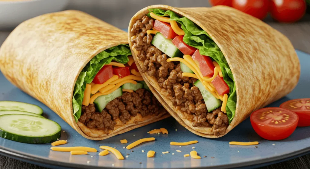 Low-Carb Big Mac Rolle: Ein gesunder Genuss für deine Ernährung Low-Carb Big Mac Rolle wird zusammengebaut: Salatblätter, Hackfleisch-Patties und Gemüse werden geschichtet.