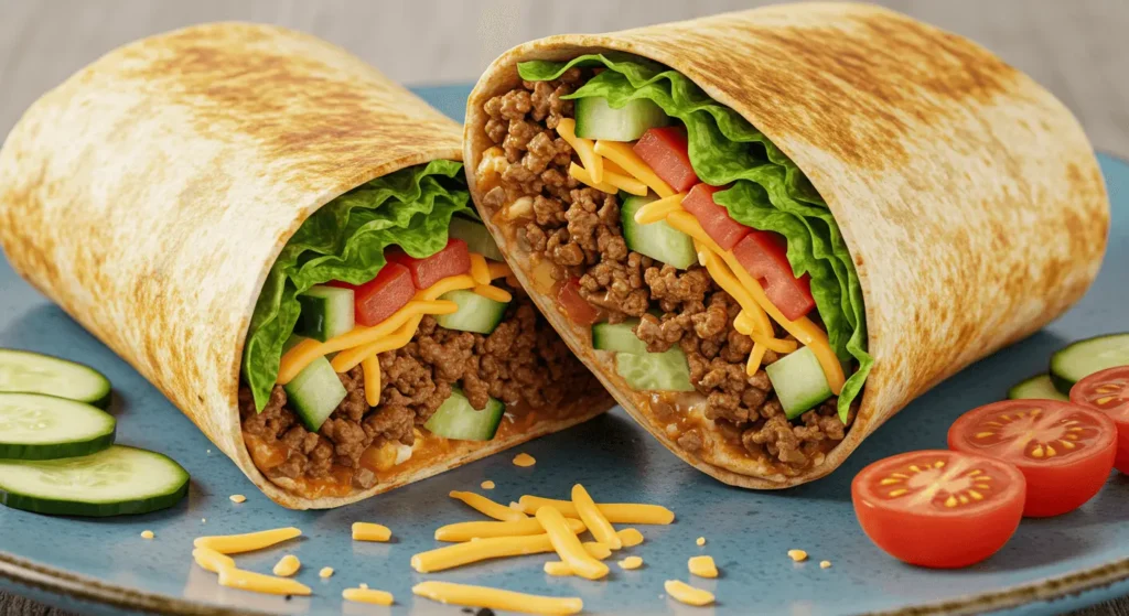 Low-Carb Big Mac Rolle: Ein gesunder Genuss für deine Ernährung Low-Carb Big Mac Rolle serviert mit extra Sauce und Garnitur auf einem Holztisch.