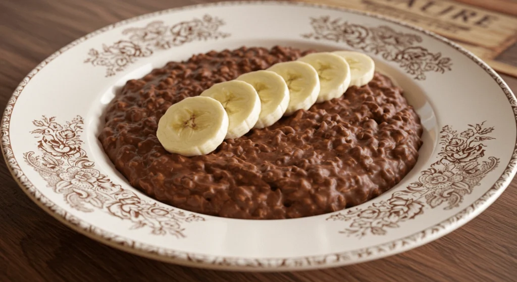 Schoko-Porridge: Gesundes Frühstück mit Schoko-Genuss Person genießt gesundes Schoko-Porridge zum Frühstück mit frischen Früchten und Nüssen