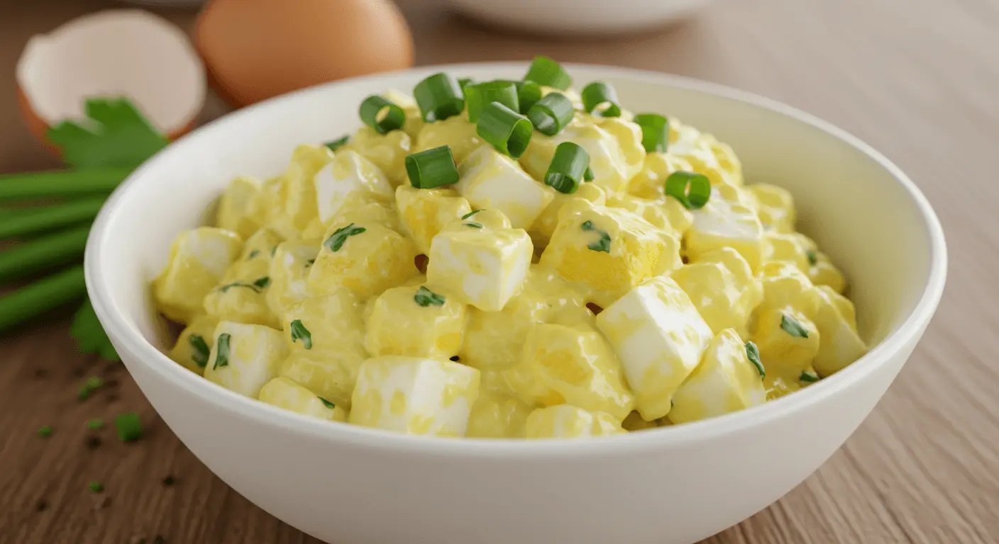 Cremiger Eiersalat in einer weißen Schüssel, garniert mit frischen Kräutern.