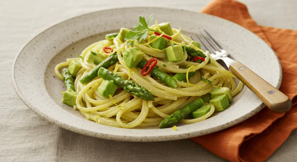 Perfektes Rezept: Spaghetti mit Avocado und Spargel in Zitronensoße Grüner Spargel wird für Spaghetti mit Avocado und Zitronensoße geschnitten