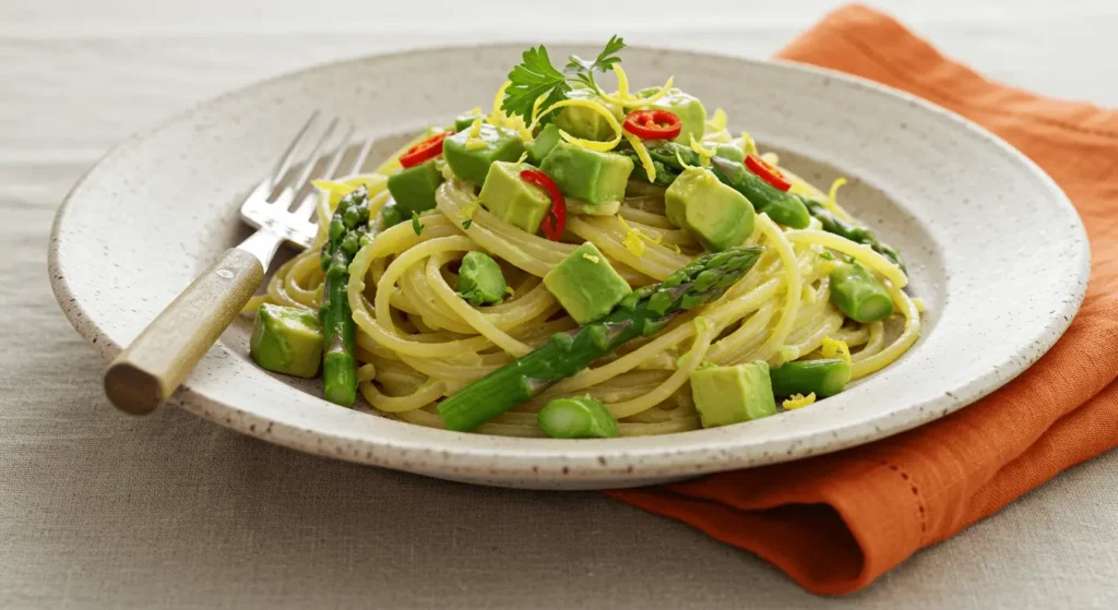 Perfektes Rezept: Spaghetti mit Avocado und Spargel in Zitronensoße Avocado wird für cremige Zitronensoße zu Spaghetti mit Spargel zerdrückt