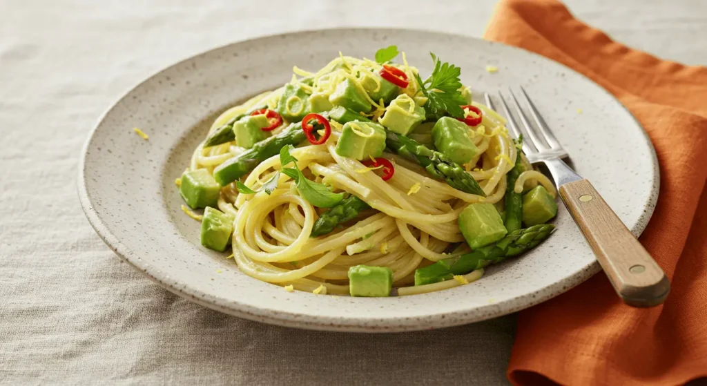 Cremige Spaghetti mit Avocado und grünem Spargel in Zitronensoße, garniert mit frischen Kräutern und Parmesan