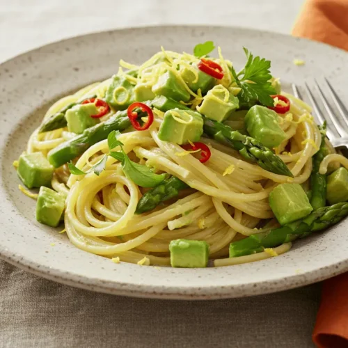 Perfektes Rezept: Spaghetti mit Avocado und Spargel in Zitronensoße Cremige Spaghetti mit Avocado und grünem Spargel in Zitronensoße, garniert mit frischen Kräutern und Parmesan