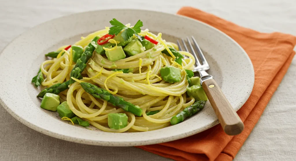 Perfektes Rezept: Spaghetti mit Avocado und Spargel in Zitronensoße Zitronensoße mit Knoblauch und Sahne für Spaghetti mit Avocado und Spargel