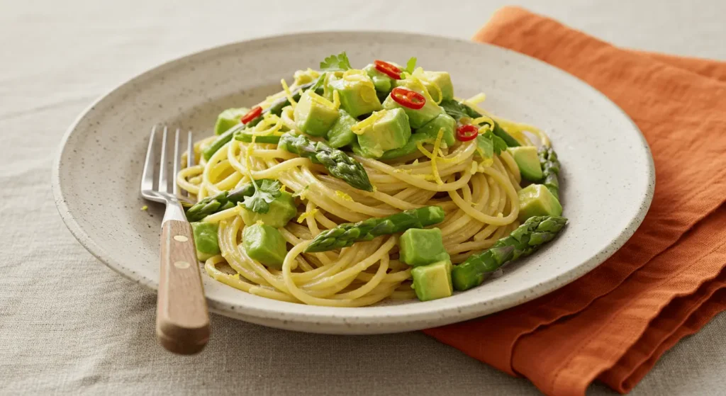 Perfektes Rezept: Spaghetti mit Avocado und Spargel in Zitronensoße Anrichten der Spaghetti mit Avocado und Spargel in Zitronensoße auf weißem Teller