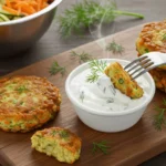 Gemüsepuffer mit Joghurt-Dip – knusprig goldbraun auf Holzbrett serviert
