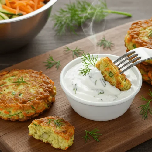 Gemüsepuffer mit Joghurt-Dip: Einfach lecker & in 30 Minuten fertig! Gemüsepuffer mit Joghurt-Dip – knusprig goldbraun auf Holzbrett serviert