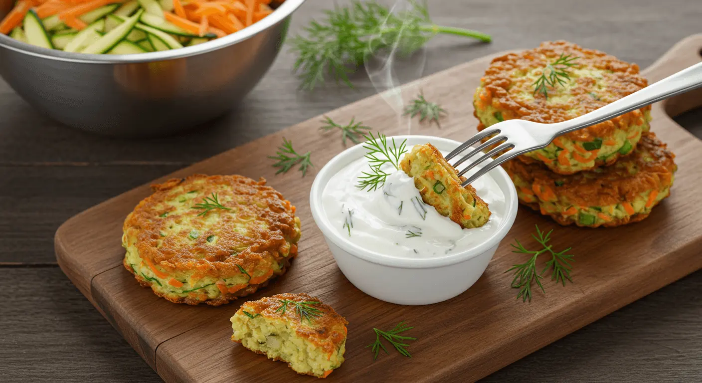 Gemüsepuffer mit Joghurt-Dip – knusprig goldbraun auf Holzbrett serviert