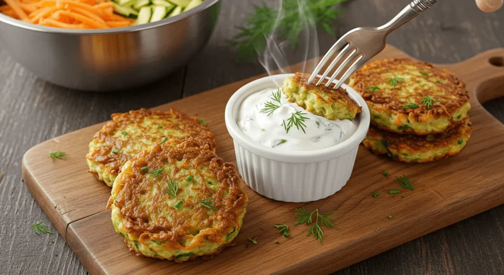Gemüsepuffer mit Joghurt-Dip: Einfach lecker & in 30 Minuten fertig! Gemüsepuffer mit Joghurt-Dip – Zubereitung des Teigs mit geraspeltem Gemüse