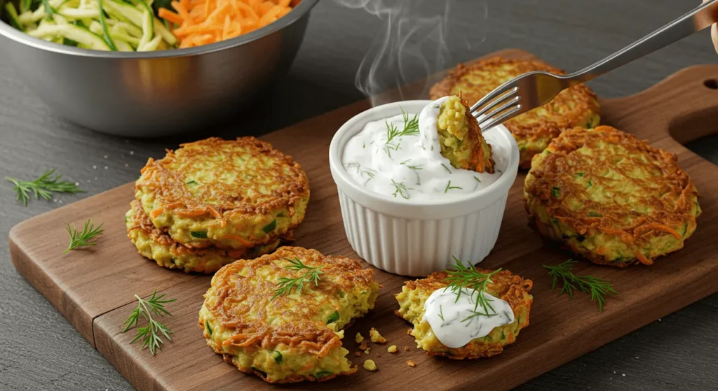 Gemüsepuffer mit Joghurt-Dip: Einfach lecker & in 30 Minuten fertig! Gemüsepuffer mit Joghurt-Dip – goldbraun in der Pfanne braten