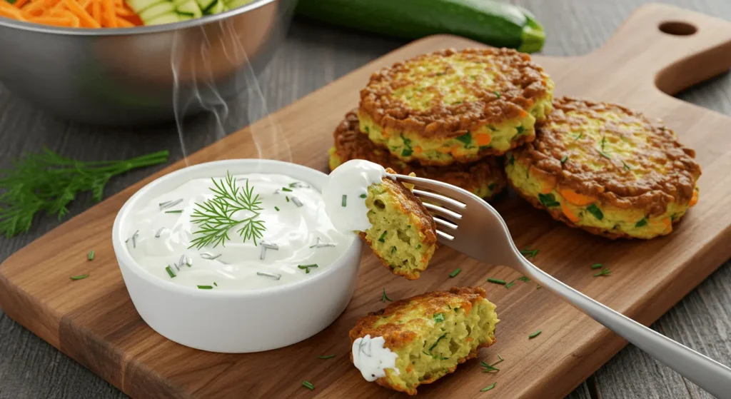 Gemüsepuffer mit Joghurt-Dip: Einfach lecker & in 30 Minuten fertig! Vegane Gemüsepuffer mit Joghurt-Dip – Alternative mit Leinsamen und Pflanzenjoghurt