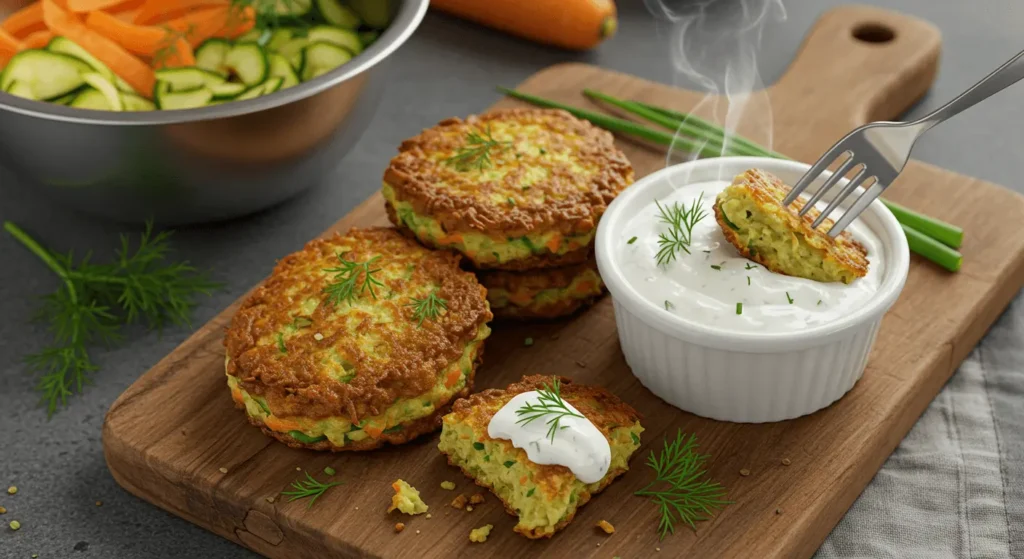 Gemüsepuffer mit Joghurt-Dip: Einfach lecker & in 30 Minuten fertig! Gemüsepuffer mit Joghurt-Dip – angerichtet mit Salat als vollständiges Gericht