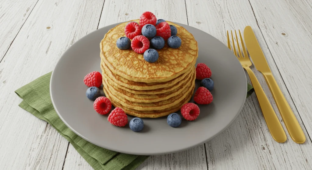 Fluffige Protein-Pancakes mit frischen Beeren und Ahornsirup auf einem weißen Teller
